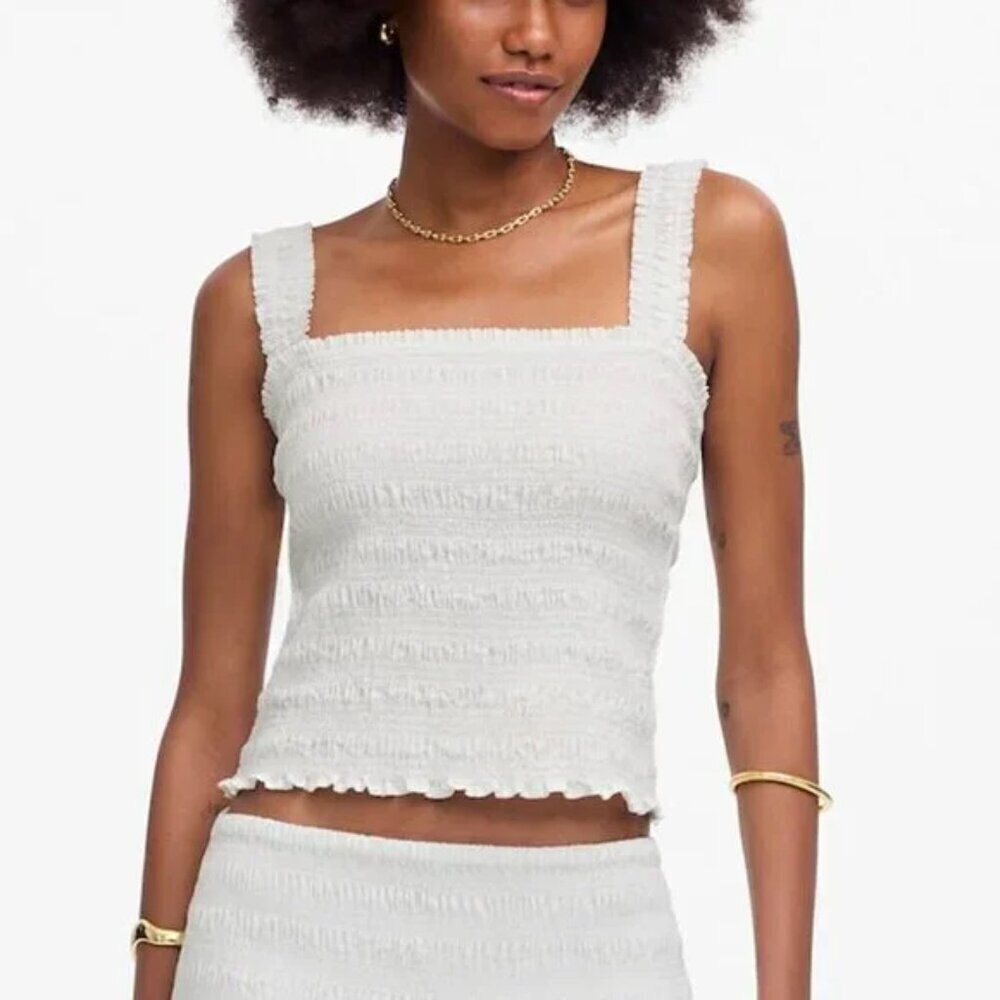 Madewell Cotton Poplin Smocked Cropped Slim Fit Tank White Size M NWT